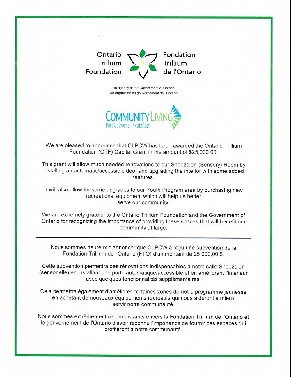 Grant    Ontario Trillium Foundation